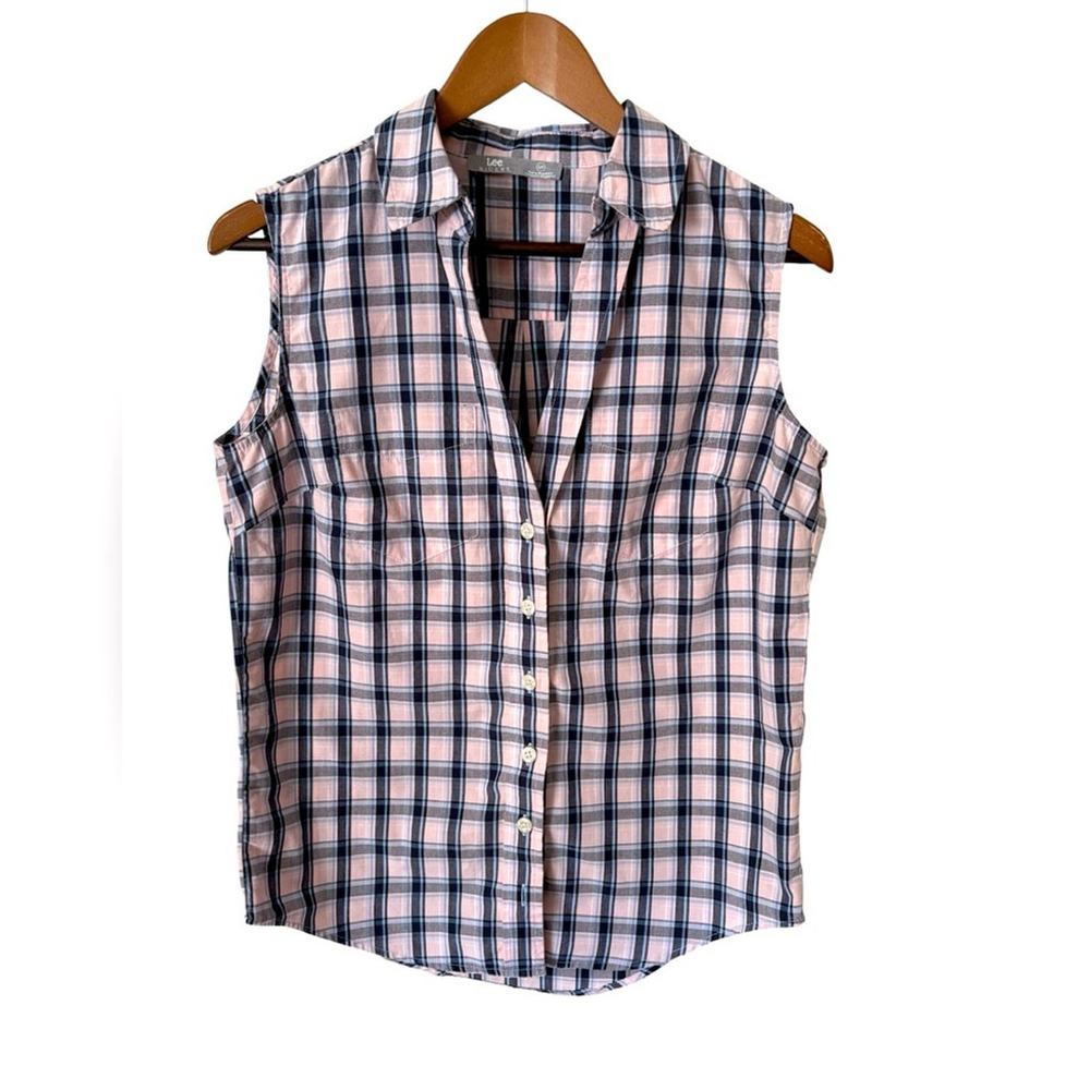 Lee Riders women's light pink blue gray sleeveless cowgirl plaid shirt Sz S-M